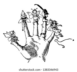 Finger Fairies sitting upon each finger, vintage line drawing or engraving illustration.