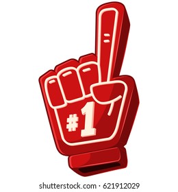 Finger foam "# 1" icon isolated on white background. Vector cartoon illustration of red gloves for fans on hand.