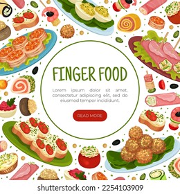 Finger Food Buffet Design with Different Snacks and Appetizers Vector Template