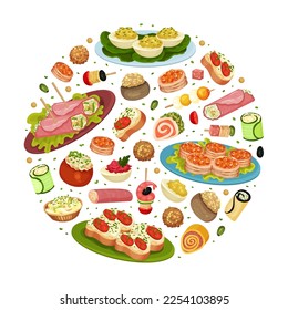 Finger Food Buffet Round Composition Design with Different Snacks and Appetizers Vector Template