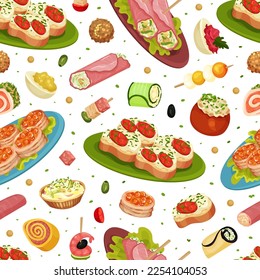 Finger Food Buffet Seamless Pattern Design with Different Snacks and Appetizers Vector Template