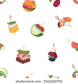 Finger food, canape on toothpicks, seamless pattern. Tapas snacks, banquet catering starters, endless background. Repeatable print for wrapping paper, textile, fabric. Colored flat vector illustration