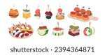 Finger food, canape set. Party appetizers, banquet starters. Fingerfood with salmon, meat, cheese. Cold snacks in sticks, toothpicks. Flat graphic vector illustrations isolated on white background