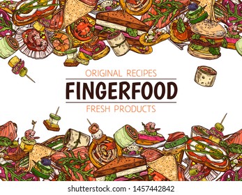 Finger food dishes web banner hand drawn vector template. Appetizers and snacks sketch. Street food and fastfood restaurant poster layout. Delicious sandwiches, canapes and burgers doodles