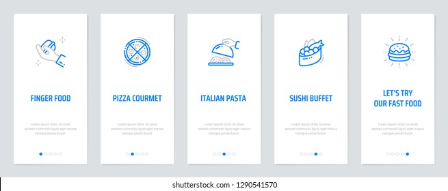Finger food, Pizza courmet, Italian Pasta , Sushi buffet, Let's try our fast food Vertical Cards with strong metaphors. Template for website design.