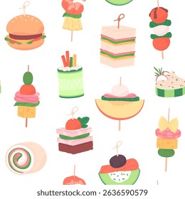 Finger food seamless pattern. Appetizers, tasty canape for buffet banquet or party. Burger sandwich roll with cheese. Print template, racy vector background