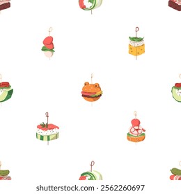 Finger food, seamless pattern. Mini canapes, tapas, banquet appetizers and starters, cold snacks on toothpicks, endless background. Repeating print for wrapping design. Flat vector illustration