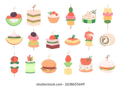 Finger food set. Canape on wooden sticks, buffet banquet appetizers. Mini snacks for party with shrimp bread cheese vegetables, racy vector clipart