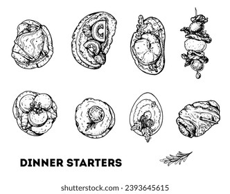 Finger food set. Hand drawn sketch.  Vector illustration. Brushetta set. Dinner starters. Variety of small sandwiches. Snack collection.