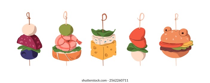 Finger food set. Mini canapes, tapas, and appetizers on toothpicks. Banquet snacks, party starters with shrimp, cheese, vegetables on small stick. Flat vector illustration isolated on white background