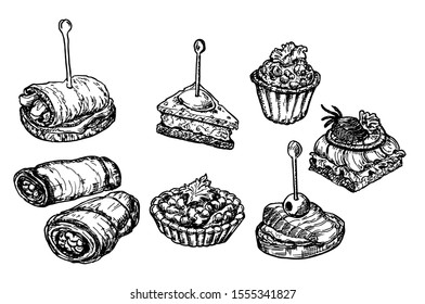 Finger food sketch. Food appetizer and snack sketch. Canapes, bruschetta, sandwich drawing for buffet, restaurant, catering service. Tapas vector drawings illustration.