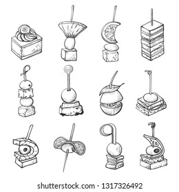Finger food sketch, banquet catering small meal. Snack eaten using the hands. Vector line art illustration isolated on white background
