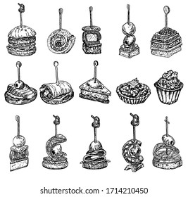 Finger food sketch. Tapas vector drawings illustration.
Tapas and canapes sketch set. Food appetizer and snack sketch. Canapes, bruschetta, sandwich drawing for buffet, restaurant, catering service.