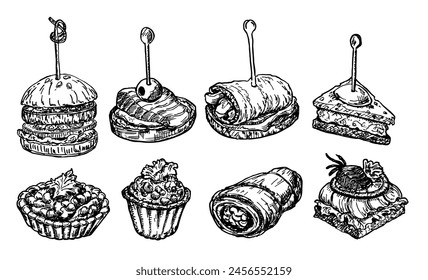 Finger food sketch. Tapas vector drawings illustration. Tapas and canapes sketch set. Food appetizer and snack sketch. Canapes, bruschetta, sandwich drawing for buffet, restaurant, catering service.