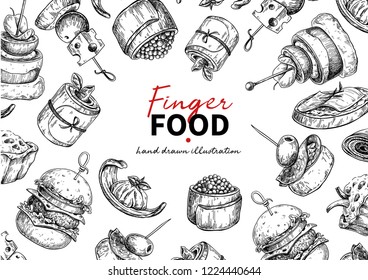 Finger food vector frame drawing. Catering service frame template for flyer, banner, poster. Canape and snack engraved illustration. Restaurant or buffet menu. Appetizer sketch.