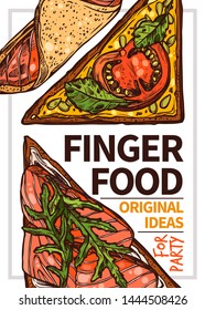 Finger food vector hand drawn poster template. Homemade sandwiches with cheese, greenery and tomato outline illustration. Red fish, salmon on organic bread sketch. Appetizers for party brochure