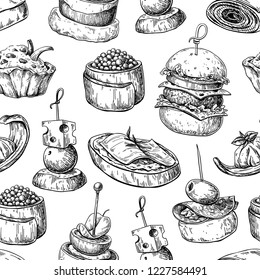 Finger food vector seamless pattern. Food appetizer and snack sketch. Canapes, bruschetta, sandwich drawing for buffet, restaurant, catering service. Tapas engraved illustration. 