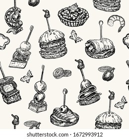 Finger food vector seamless pattern. Food appetizer and snack sketch. Canapes, bruschetta, sandwich drawing for buffet, restaurant, catering service. Tapas sketch illustration.