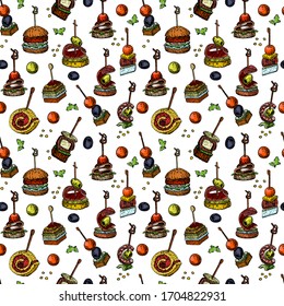 Finger food vector seamless pattern. Food appetizer and snack sketch. Color vector illustration. Canapes, sandwich drawing for buffet, restaurant, catering service. Tapas sketch illustration.