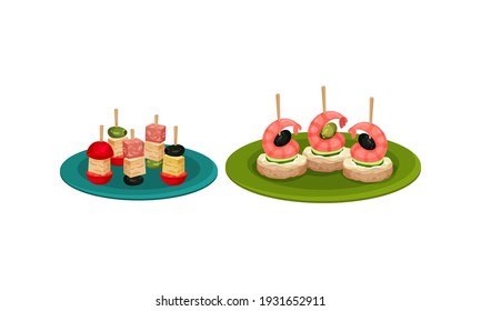 Finger Foods with Canape on Skewers as Small Portion of Food Vector Set