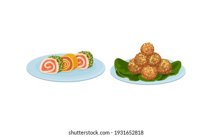 Finger Foods with Savory Mini Roll and Meat Balls as Small Portion of Food Vector Set