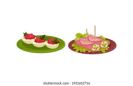 Finger Foods with Stuffed Eggs and Creamy Stuffing Wrapped in Ham Slice as Small Portion of Food Vector Set