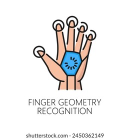 Finger geometry biometric identification, recognition or verification icon. ID digital identification, access security technology or biometric verification line vector sign with fingers geometry