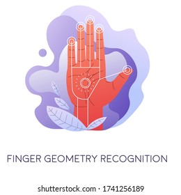 Finger geometry recognition, biometric data of character for authentication and access. Matching pattern of owner of device. Scanner for safety and protection of personal information, vector