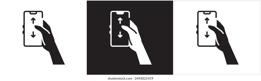 Finger gesture icon scrolling smart phone screen up and down, flat icon of finger touching phone screen and phone rolling, tapping screen icon vector in black, white and transparent background.