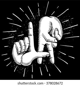 Finger gesture LA. ink drawing vector illustration. Golden state west coast travel souvenir. Wall Decor.