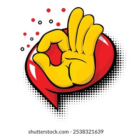 Finger gesture Okay in comic pop art style. Vector on transparent background