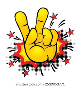 Finger gesture Peace or Victory in comic pop art style. Vector on transparent background
