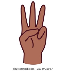 Finger gesture representing number three in Mandarin, shown with a brown hand. Index, middle, and ring fingers raised to count silently