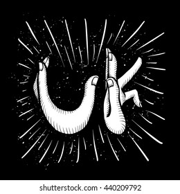 Finger gesture UK. ink drawing vector illustration. Travel souvenir. Wall Decor. Print for T-shirts United Kingdom. Monogram letters UK