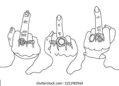 Finger up gestures. Three women's hands with rings and manicure. Feminism concept. Line drawing style.