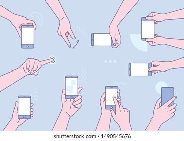 Finger gestures using mobile. flat design style minimal vector illustration.