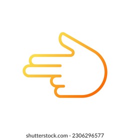Fingergun Pixel perfekte Farbverlauf-Linear-Vektorsymbol. Die Vorstellungskraft der Kinder. Handgeste. Nachahmung von Handfeuerwaffen. Dünnlinienfarbensymbol. Modernes Piktogramm. Vektor-einzelne Rahmenzeichnung
