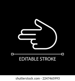 Finger gun Pixel perfekt weiß lineares Symbol für dunkles Thema. Flirt. Handgeste. Nachahmung von Handfeuerwaffen. Dünne Illustration. Einzelnes Symbol für den Nachtmodus. Bearbeitbarer Strich. Arithmetik verwendet