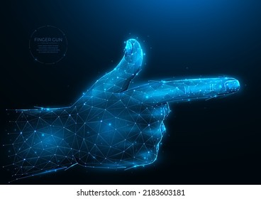 Ilustración vectorial poligonal de arma de dedo sobre un fondo azul oscuro. Señal de gesto de mano de diseño de polos bajo. Arte de concepto de gestos de disparo manual