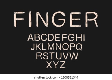 Finger hand drawn illustration lettering abc alphabet in comic cartoon style skin color on black background