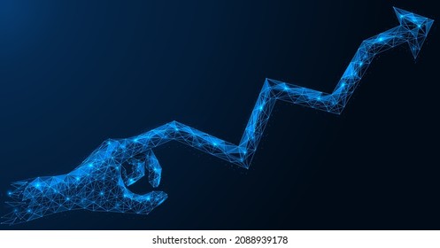 The finger of the hand in the form of a financial chart. An indicator of economic growth and income. Polygonal design of interconnected lines and points. Blue background.