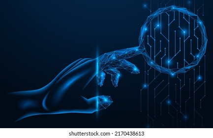 Finger of the hand in the form of a magnifying glass. Search and analysis of information in the data stream. Polygonal design of interconnected lines and points. Blue background.