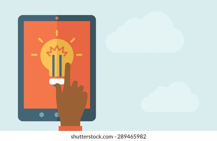 The finger hand pointing the bulb in big screen. Idea concept. A Contemporary style with pastel palette, soft blue tinted background. Vector flat design illustration. Horizontal layout with text space