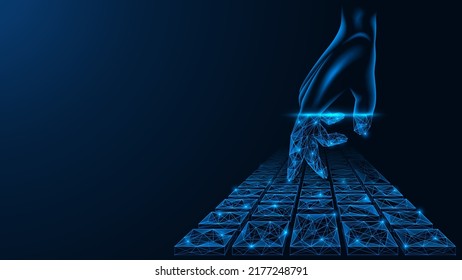 Finger of the hand presses a button on the virtual keyboard. Low-poly design of interconnected lines and dots. Blue background.