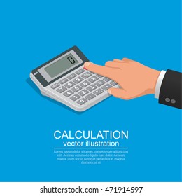 The finger of a hand touches the calculator button. The concept of mathematical calculations in various fields of activity. A vector illustration in isometric, 3D style.