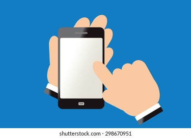 Finger of hand touching screen on smart phone.