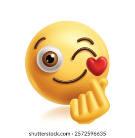 Finger heart emoji clipart 3d character. Emoji face in love, winking, happy, cute, smiling and funny facial expression with love hand sign graphic element. Vector illustration finger heart emoticon 