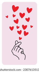 Finger Heart Gesture With a Lot of Cute Hearts Coming Out From It. K-Pop Love Sign, Vertical Template Isolated on Light Pink Background. Outline Hand With Love Symbols