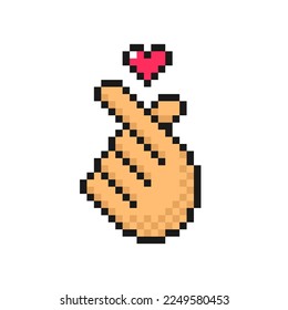 Finger heart gesture icon in pixel style. Love symbol, isolated on white background vector sign