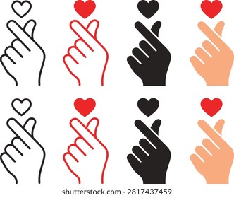 Finger heart gesture icons set, love symbol, affection sign, romantic design, pop culture graphic, flat vector illustration design